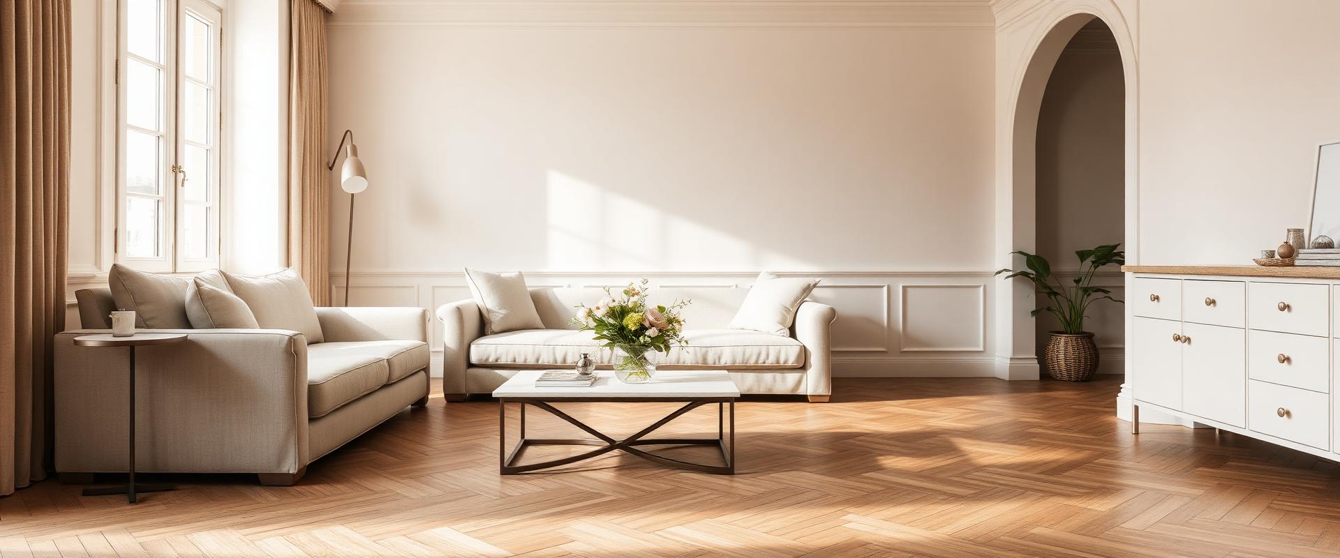 Bright living room with herringbone floors