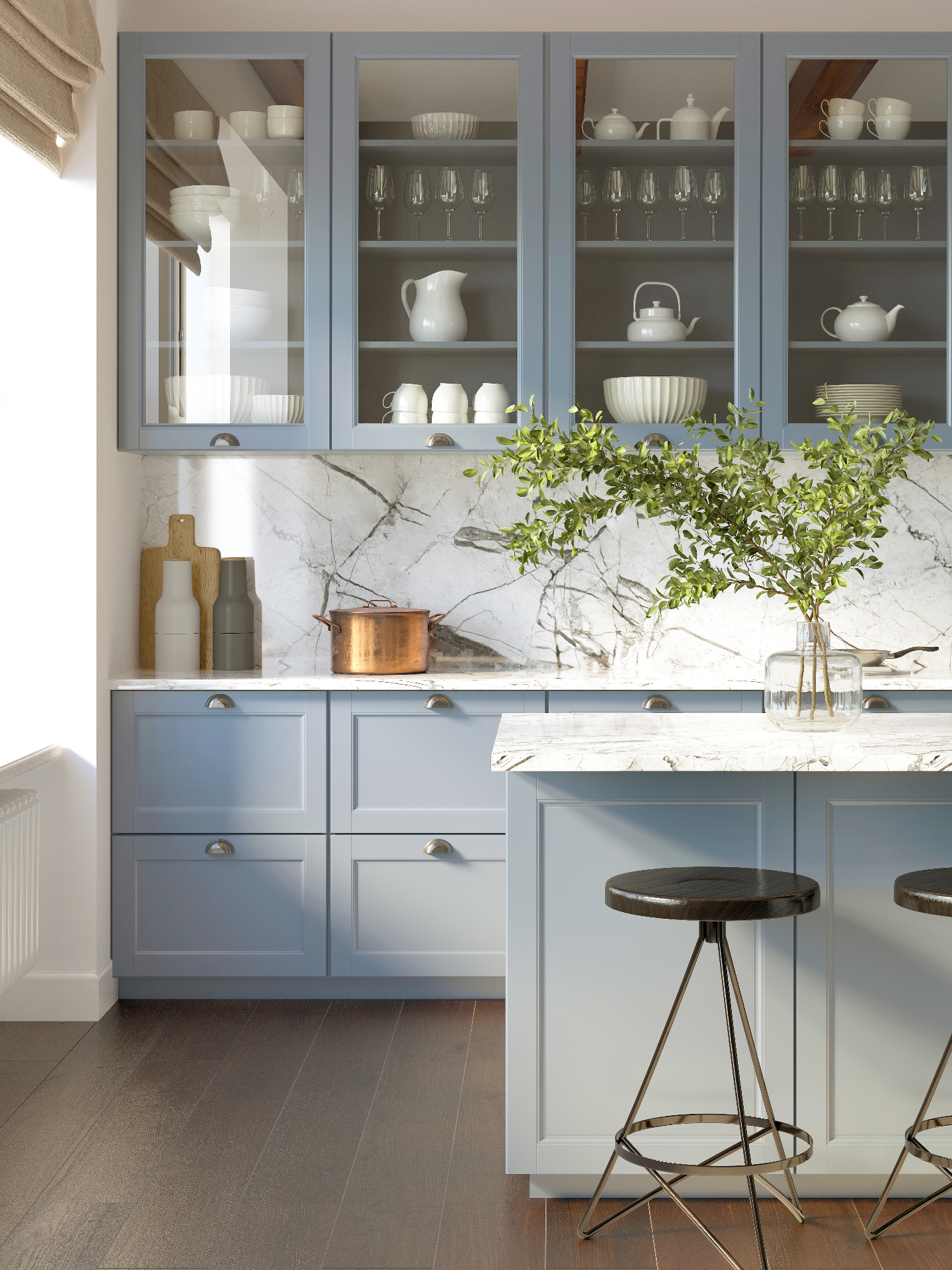Powder blue shaker kitchen with marble backsplash